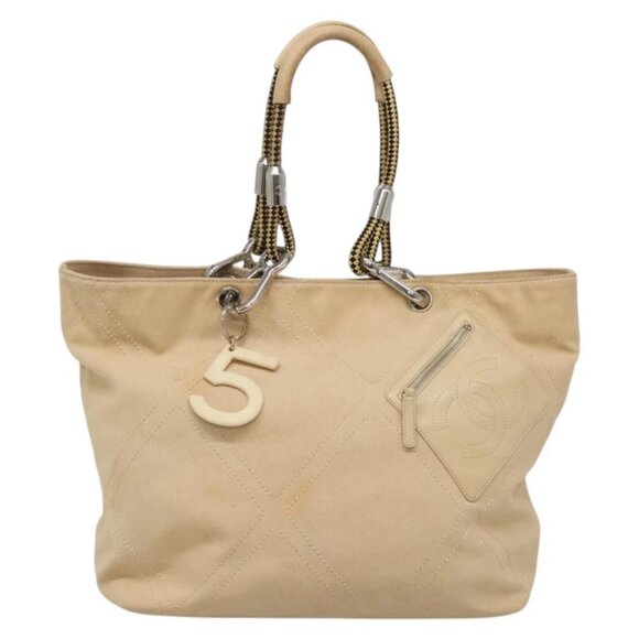 CHANEL COCO Mark Tote Bag Canvas Beige Silver CC - Picture 1 of 16